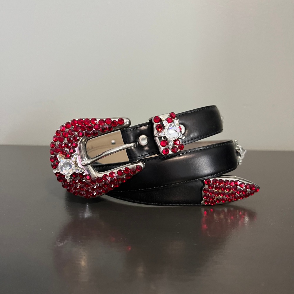 Simon‎ Italy Black Leather Red Rhinestone Western Glam Belt XL Crystal Star rock